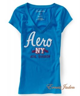  Womens Girls Aero NY Athletics V Neck Graphic Tee T Shirt S