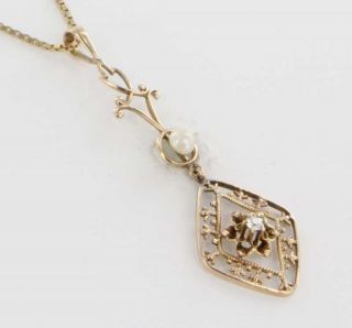   Gold Diamond Pearl Lavaliere Pendant Necklace Fine Vintage Jewelry