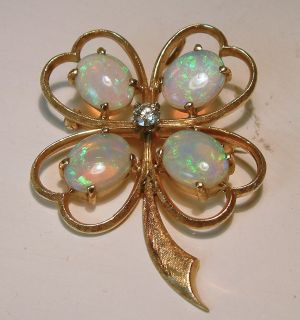   14k Gold Opal Diamond Clover Heart Pendant Brooch Pin Estate Jewelry