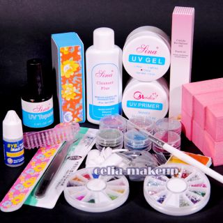 Pro UV Gel Nail Kit Art Plus 6 Powders Glues File Blocks Primier Tips