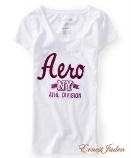  Womens Girls Aero NY Athletics V Neck Graphic Tee T Shirt L