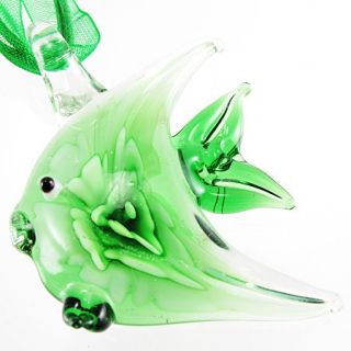 Green flower tropical Fish Murano Art Lampwork Glass Pendant Ribbon