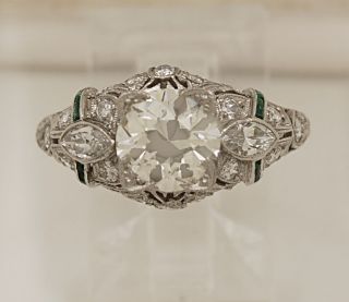 Antique Platinum Diamond Emerald Art Deco Engagement Ring J32609