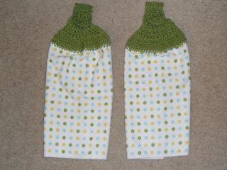 Crocheted Top Hanging Kitchen Towels Polka Dot with Green Tops
