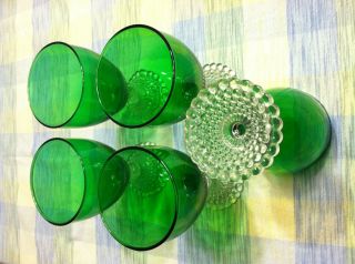 Beautiful Five Forest Green and Bubble Crystal Glasses Anchor Hocking