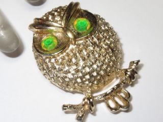  Vintage Hooter Screech Owl Brooch Pin Yellow AB Rhinestone Eyes