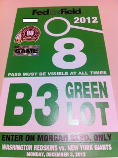 Green B3 Parking Pass Redskins vs New York Giants Tickets 12 03 12