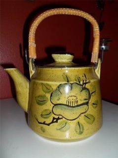 Vintage Made in Japan Ceramic Olive Green and Floral Tea Pot Wicker