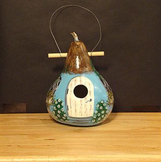 Turquoise Cottage Birdhouse Gourd Handpainted
