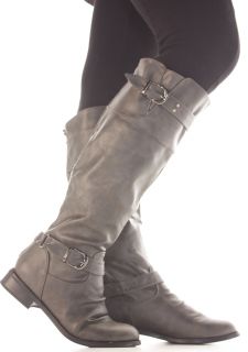 Womens Grey Riding Style Biker Ladies Flat Knee High Boots Size 3 4 5