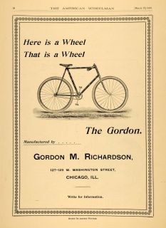 1896 Ad Gordon M. Richardson Chicago Bicycles Tire Wheels Bike Parts