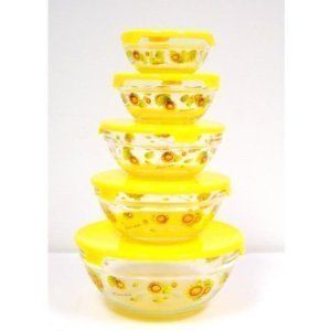 Set of 5 Glass Bowls Sunflowers with Yellow Lids