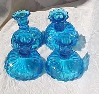  Fenton Thumb Print Blue Glass Candle Holders Candleholder 4pc