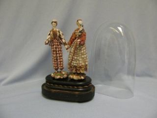  Antique Peg Wooden Man Woman c1840 SHELL DOLLS in original GLASS DOME