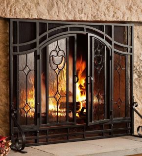 Floral Beveled Glass 2 Door Fire Place Screen 44w x 33H Black Steel