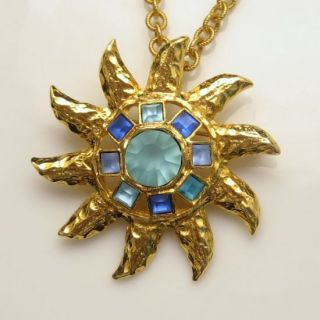 Graziano Vintage Large Star Sun Brooch Pin Pendant Necklace Blue Glass