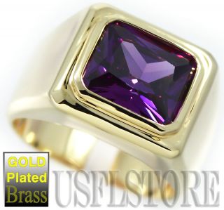 Mens Simulated Amethyst Solitaire 18kt Gold Plated Ring