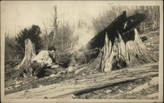 Man Starts Fire in Woods Harrison Valley PA Cancel Message c1910 RPPC