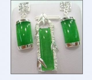 Silver Plate Green Jade Pendant Earrings Set