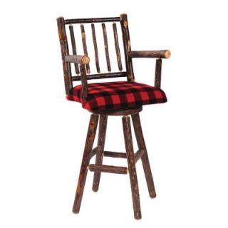 Fireside Lodge Hickory Swivel Barstool with Arms and Upholstered Seat