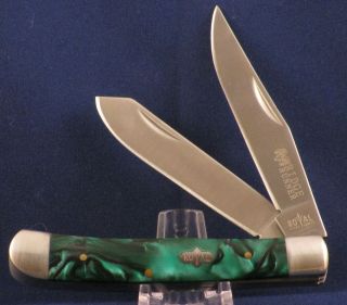 Ridge Runner Trapper Folding Pocket Knife Green Marble Swirl Handles