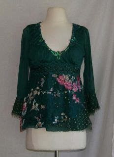Anthropologie Hazel green sequins lacey shirt top small S floral