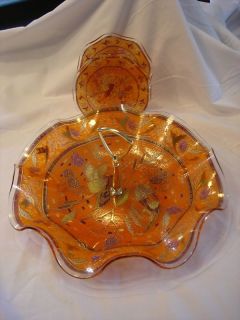 art glass ruffled pheasants serv plate 2 smaller plates time