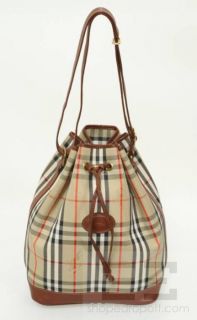 Burberrys Tan Haymarket Check & Leather Drawstring Shoulder Bag