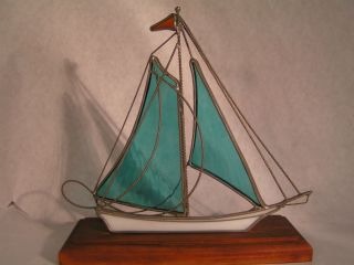 Lovely Aquamarine Stained Glass Sail Boat on Wood Base, Sloop, Ketch