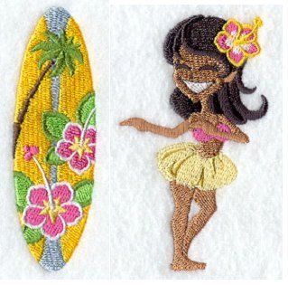 HAWAIIAN HULA GIRL & SURF BOARD   2 EMBROIDERED HAND TOWELS by Susan