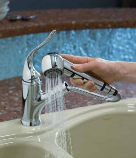 Convenient touch button control provides an aerated stream or powerful