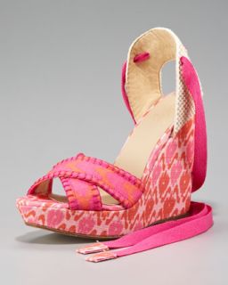 Theodora & Callum Patterned Linen Lace Up Wedge, Pink   