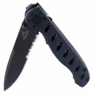 The serrated stainless steel blade and lightweight aluminum handle