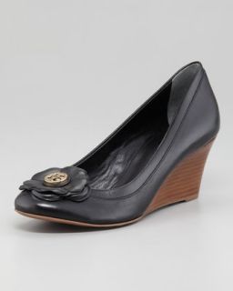 X1F14 Tory Burch Shelby Floral Logo Wedge, Black