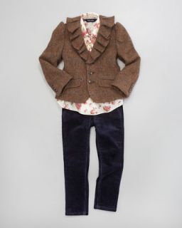 Oscar de la Renta Ruffle Collar Blouse & Floral Print Corduroy Pants