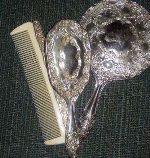  Silver Vintage Vanity Set Comb Brush and Mirror