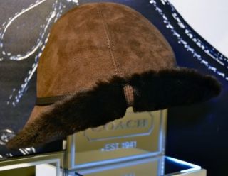 MSRP $198 Coach Chocolate Brown Shearling Fur Hair Crusher Floppy Hat