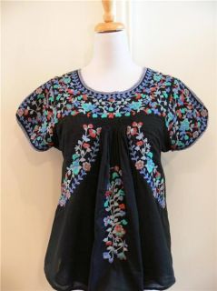 Hazel Anthropologie Pretty Black Embroidered Mexican Top M