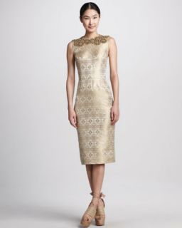 Vera Wang Beaded Metallic Jacquard Sheath Dress   