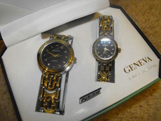 His Hers Quartz Watches w Box Silver Gold Geneva Classic Collection