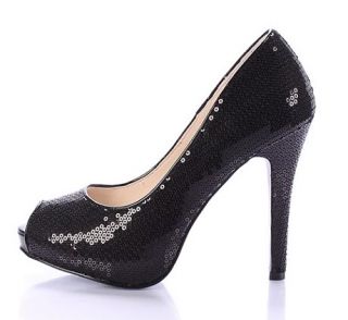 Black Sequin Peep Toe High Heels Womens Shoes Evening Wedding Party