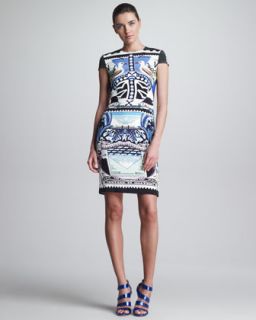 Printed Fitted Cap Sleeve Dress, Multicolor