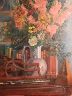 Esther Heins 1908 2007 Original Oil Floral Still Life w Piano Flute