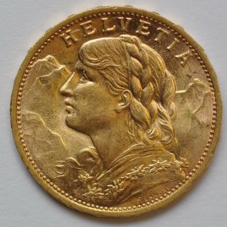 1930 Helvetia Switzerland 20 Franc Gold Coin