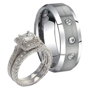 His Hers Princess Cut Sterling Silver 925 Satin Tungsten 3 Pieces Set