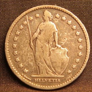  1909B Swiss 1 Franc Helvetia Silver Coin