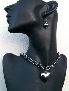 Hematite Silver Finish Heart Love Earring Necklace Gift Fashion