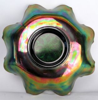 Holly by Fenton 9 inch Green Carnival Glass 8 Ruffle Bracket Edge Bowl