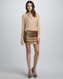 43WK Haute Hippie Long Sleeve Silk Blouse & Sequined Striped Skirt
