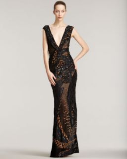Donna Karan Applique and Wood Embroidered Gown   